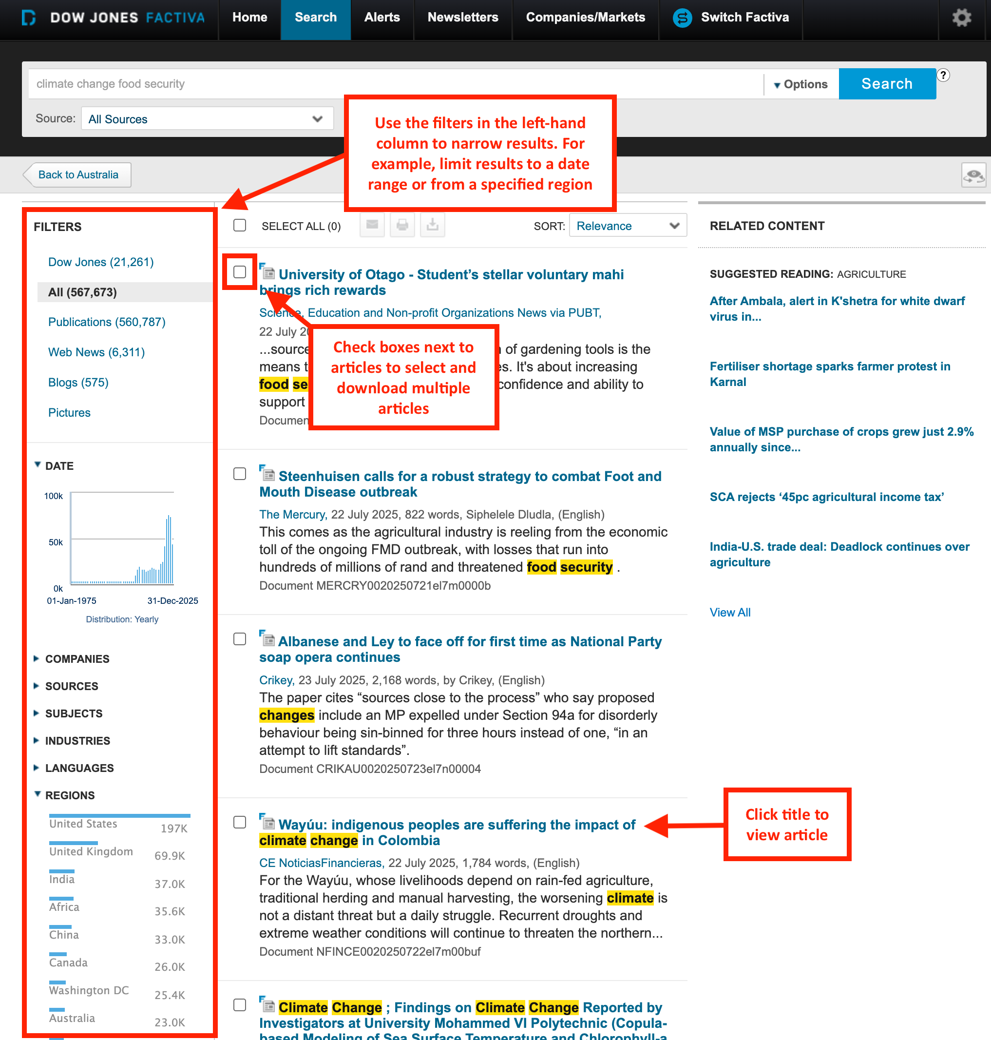 Factiva simple search search results page with notations showing to narrow results by using the filters in the left column and how to select multiple articles for download by checking the selection box.