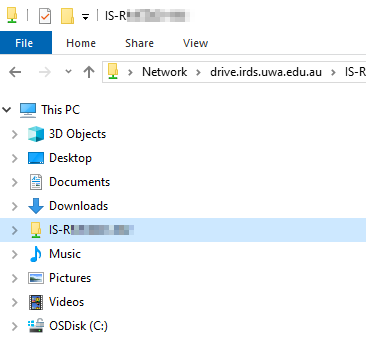 Screenshot of Windows Explorer showing a mapped IRDS store listed in the locations available under the 'This PC' heading alongside Desktop, Documents etc