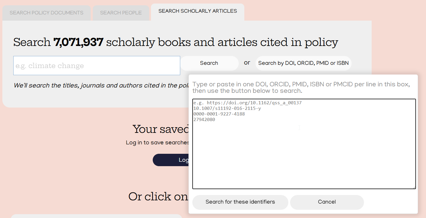 Screenshot of Overton. Small popup window says "Type or paste in one DOI, ORCID, PMID, ISBN or PMCID per line in this box"