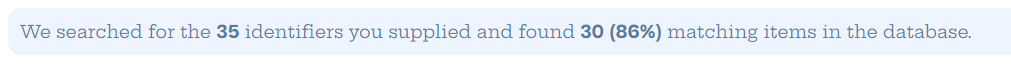 Screenshot of message "We searched for the 35 identifiers you supplied and found 30"