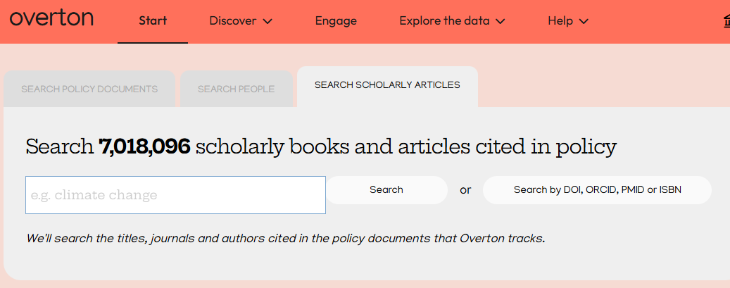 Screenshot of Overton showing third and last main search tab : "Search Scholarly Articles" selected