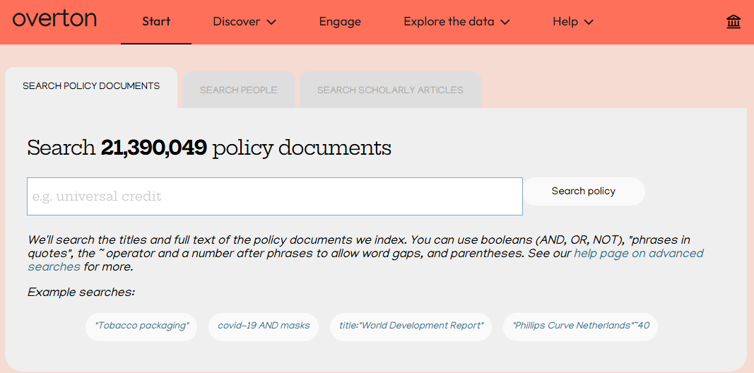 Screenshot of Overton home search screen. Three tabs: Search Documents, Search People and Search Scholarly Articles