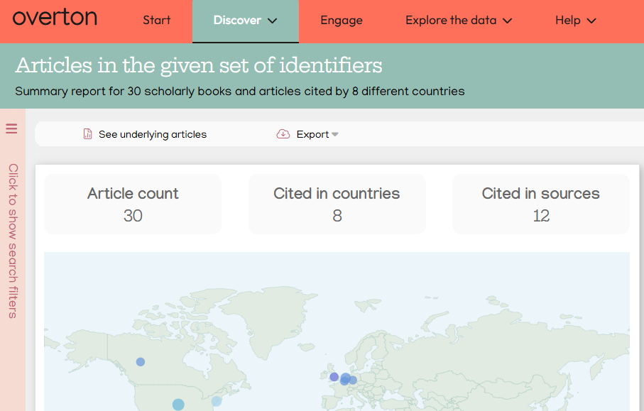 Screenshot of a report in Overton. Includes data "30 articles, cited in 8 countries, cited in 12 sources" and a world map with circles on each country to indicate the number of citing policy documents from that country.
