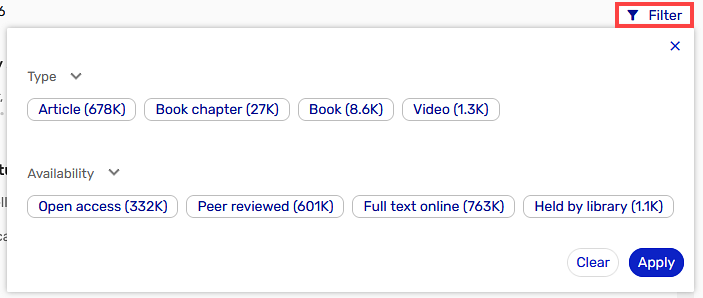 Screenshot showing the filter option in Library Search. Users may refine results to specific format and availability types.