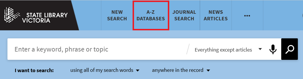 A-Z Databases in the Catalogue