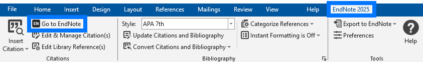 go to endnote function from word