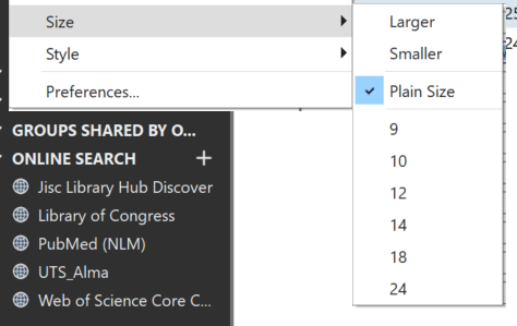 Edit>Size and Edit>Style options in EndNote