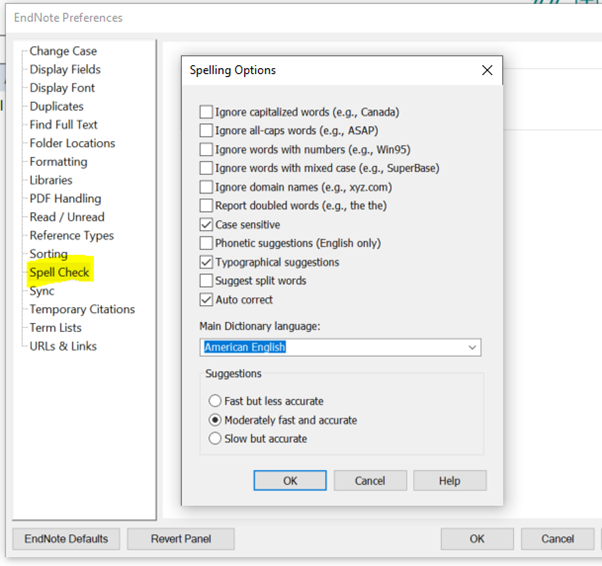 Spelling options in preferences
