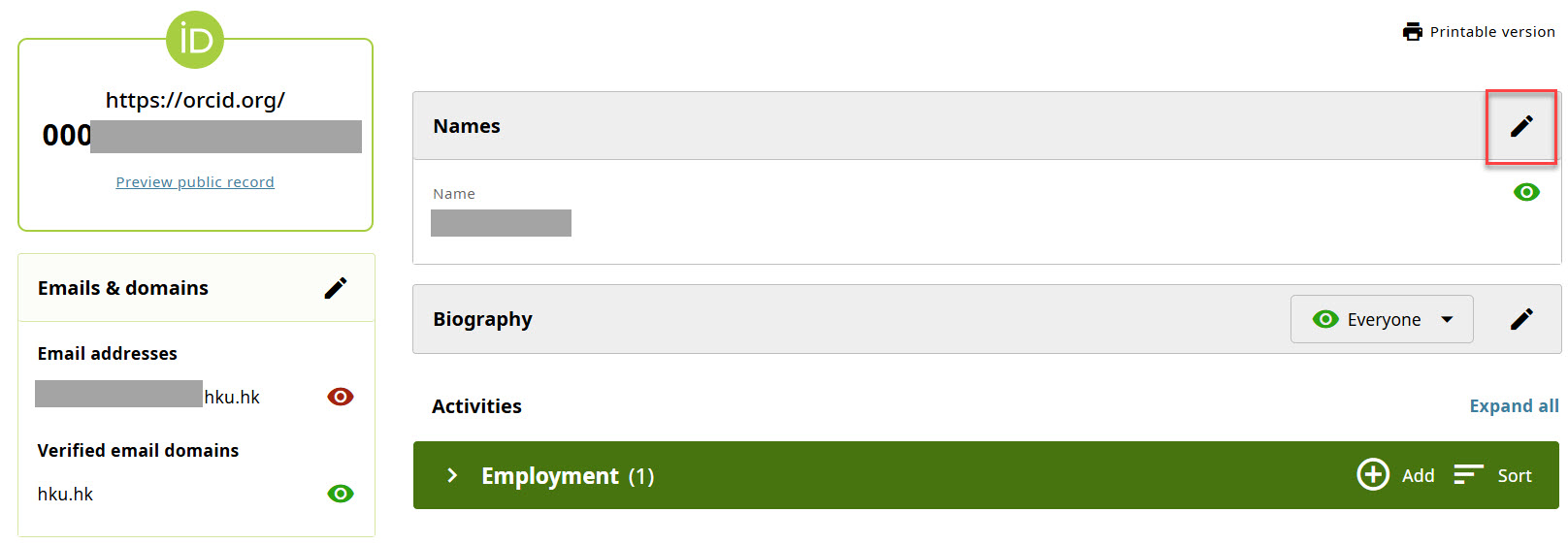 ORCID profile page showing how to edit the name section by clicking the pencil icon