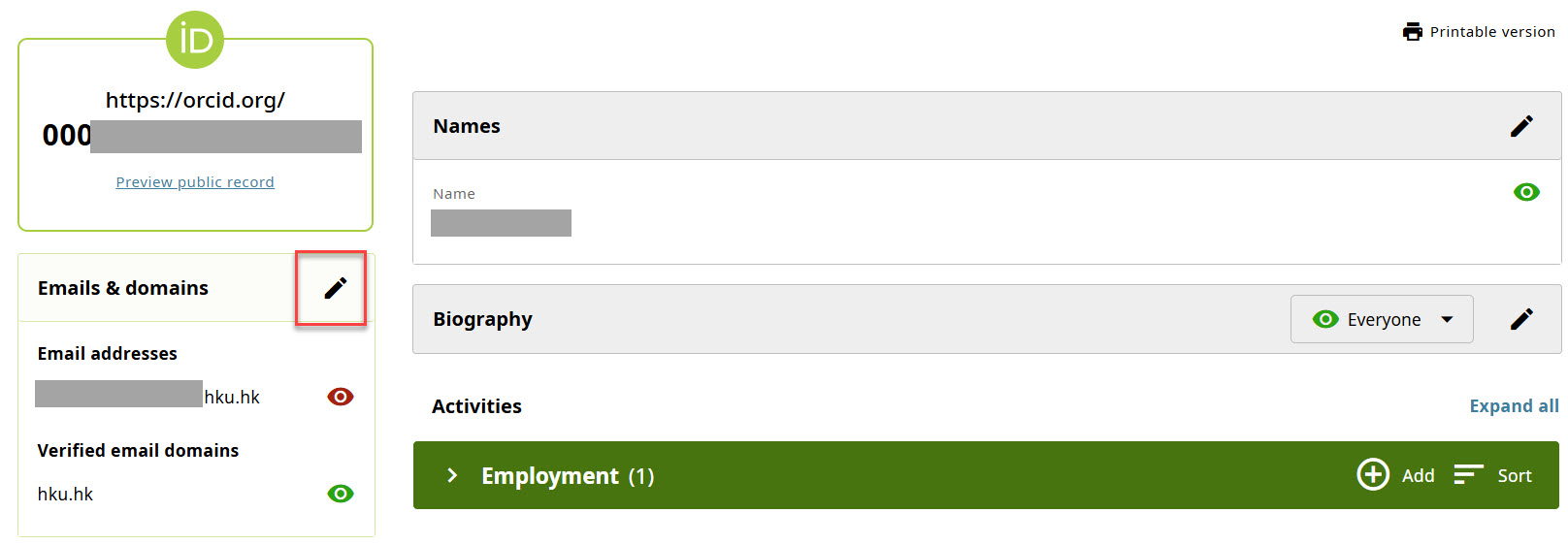 ORCID profile page showing the email section with a pencil icon for editing