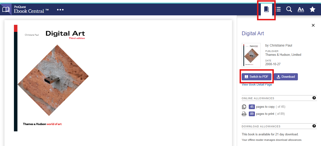 An icon shaped like a book in the blue menu bar at the top of the Ebook Central screen allows you to toggle between EPUB and PDF formats. It is located next to the hamburger menu.