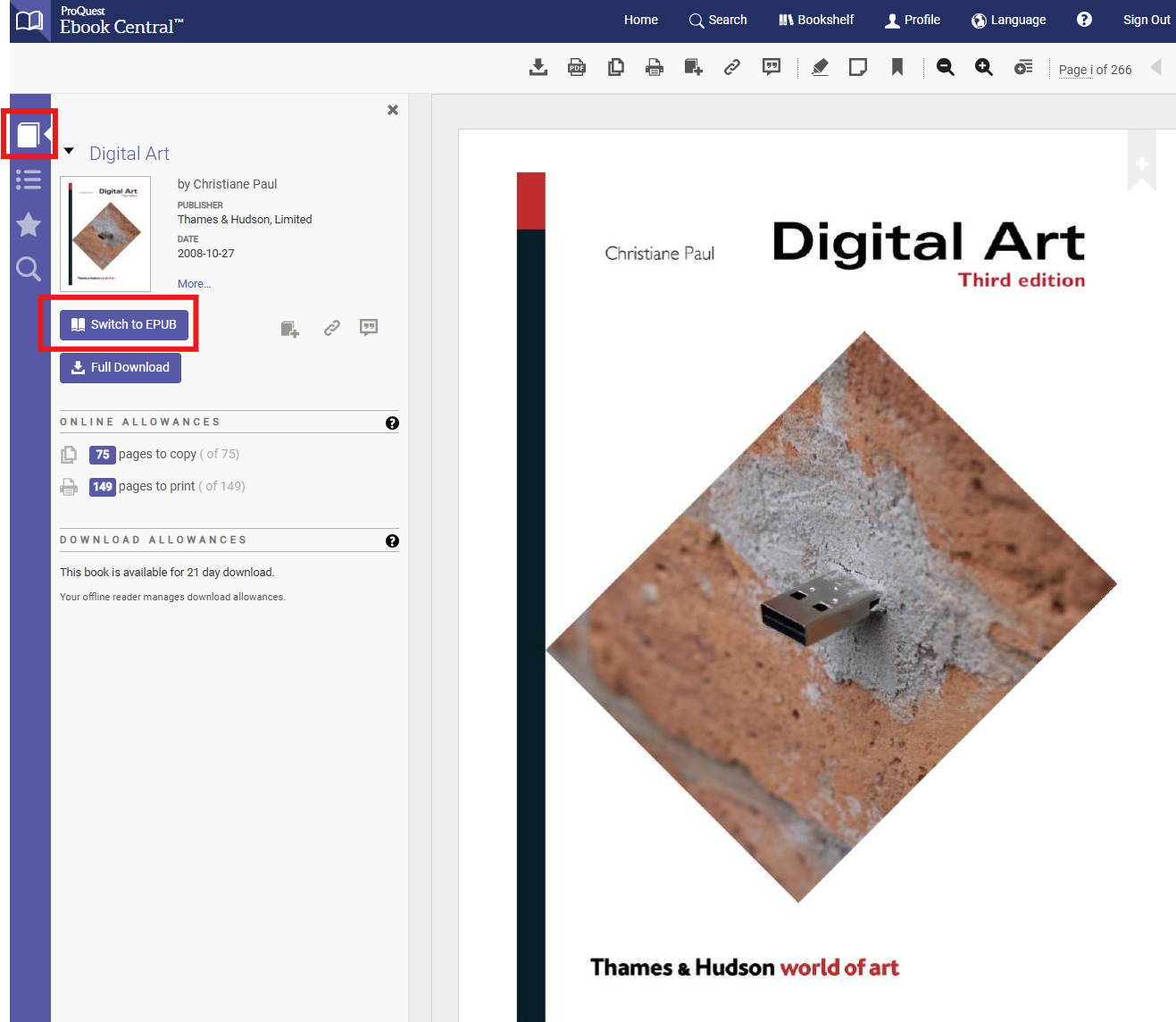 In the PDF reader view, find the book icon in the blue bar down the side of the screen to see the book details. Here, you will see the option to switch back to the EPUB version, under the cover art and publication details of the book.