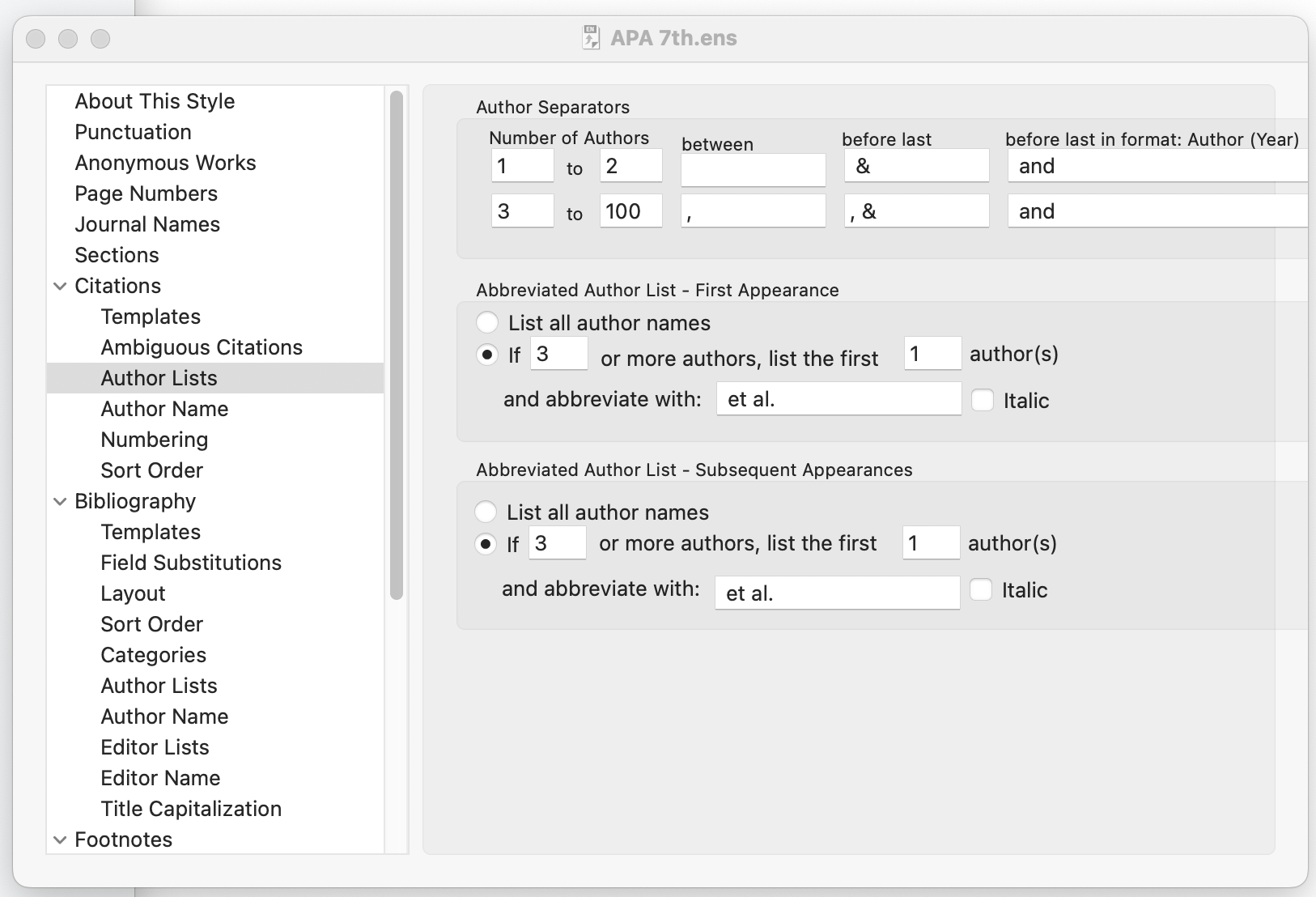 A screenshot of the Author Lists section of the style editing window in EndNote.