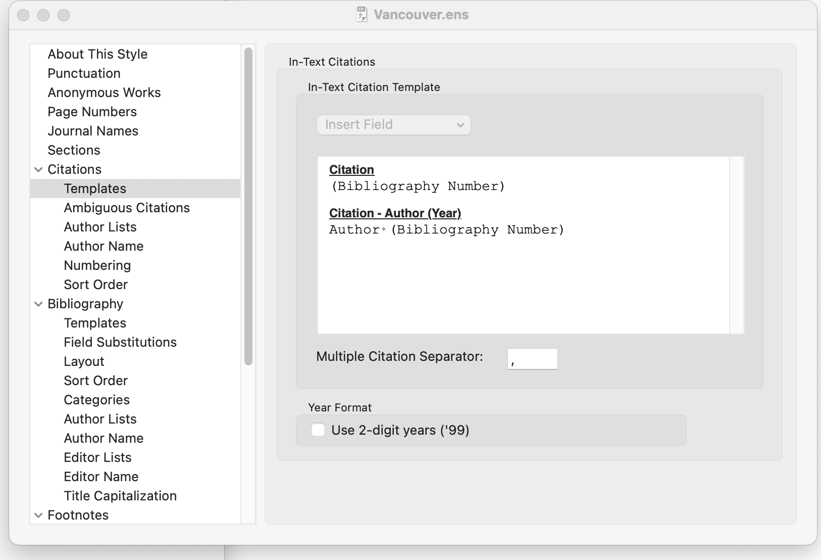A screenshot of the Citation Templates section of the style editing window in EndNote.