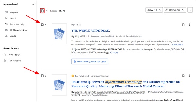 There are checkboxes to the left of each item in the search results. Once selected, a list of options to download, save, cite or share the item will appear.