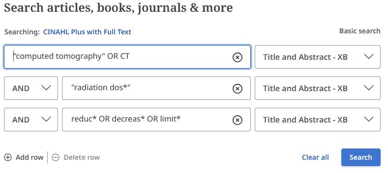 EBSCO CINAHL search for ("computed tomography" OR CT) AND "radiation dos*" AND (reduc* OR decrease* OR limit*)