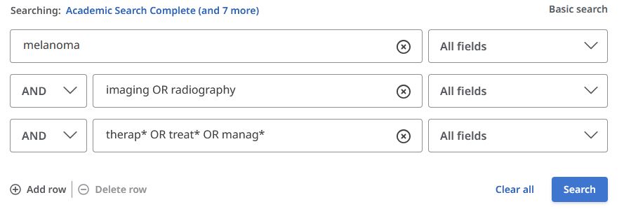 EBSCO Health search for melanoma AND (imaging OR radiography) AND (therap* OR treat* OR manag*)