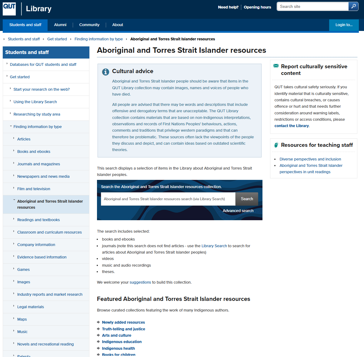 Snapshot of QUT Library Aboriginal & Torres Strait islander web resources page