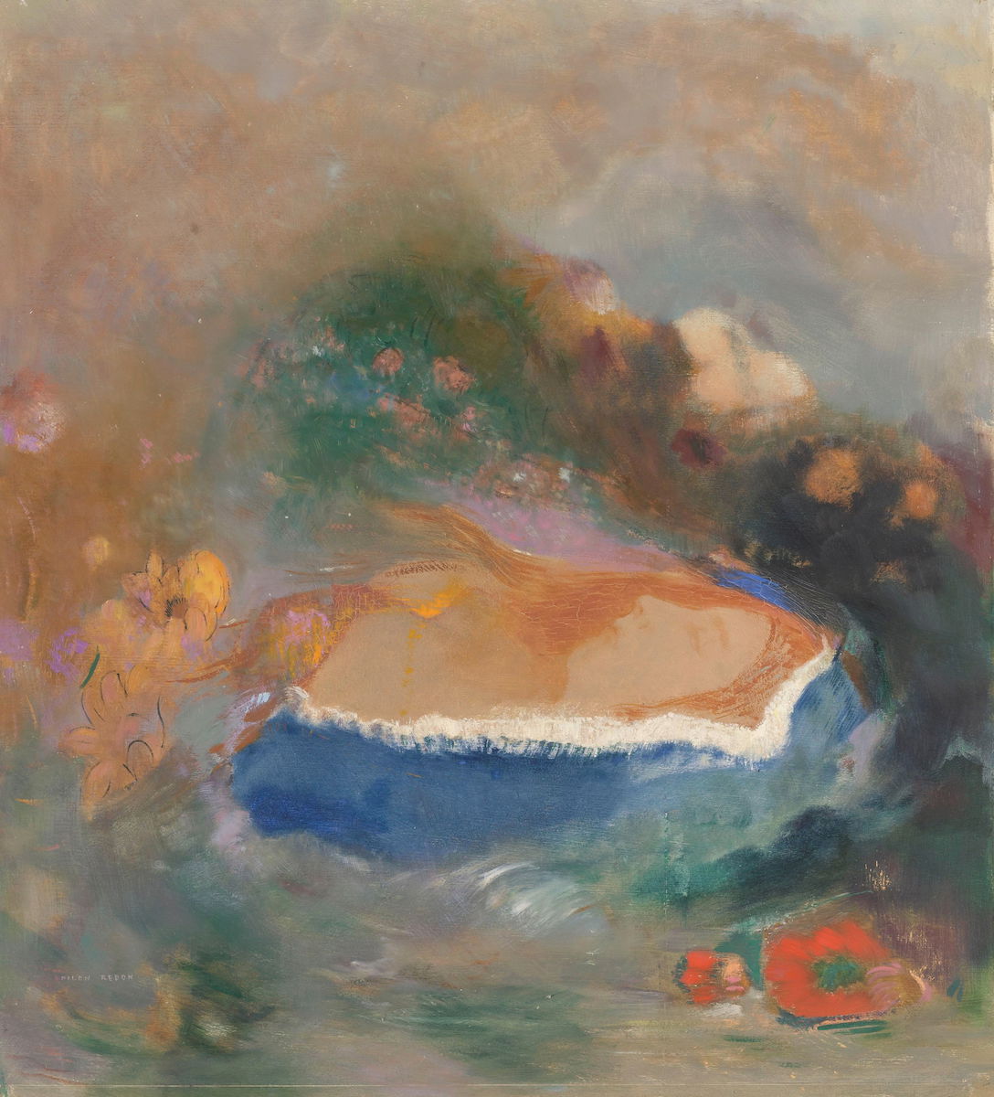 Image of painting Ophelia with a Blue Wimple in the Water, by Odilon Redon, 1905.