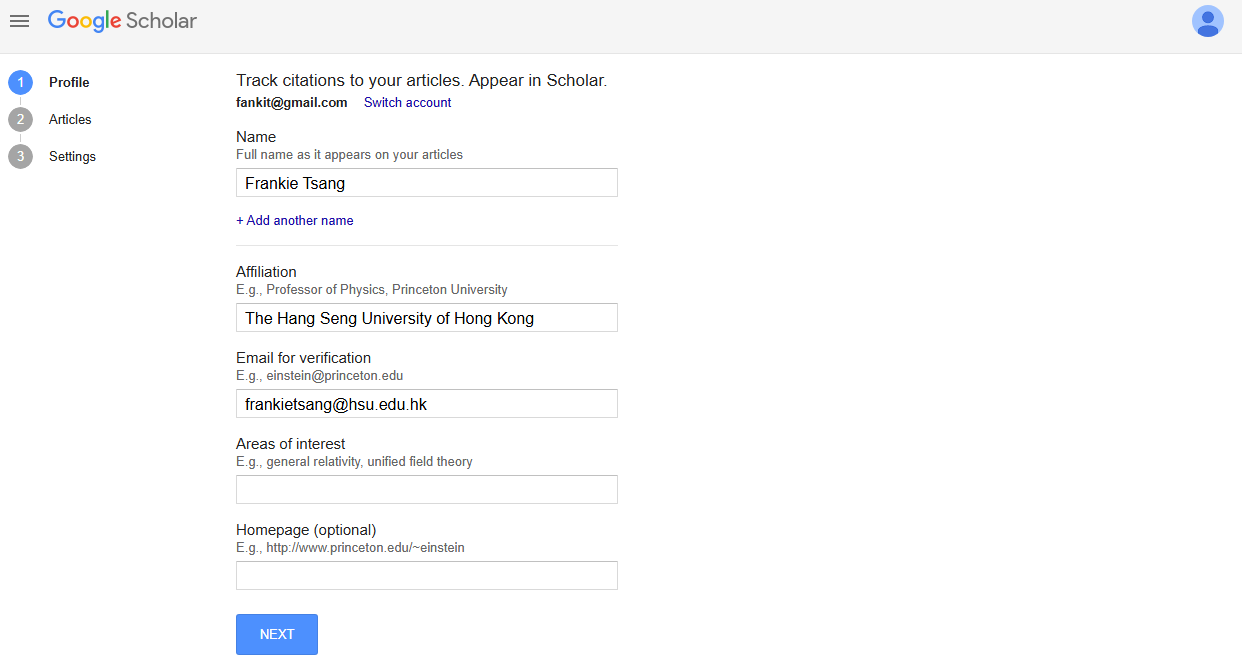 set up google scholar profile