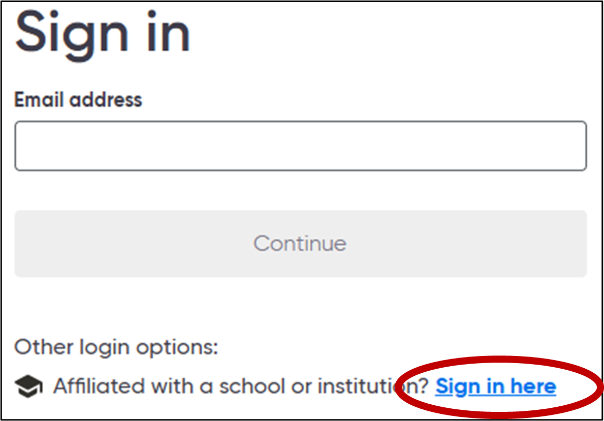 The O'Reilly login landing page with the Sign in here link circled, signifying that this link needs to be selected