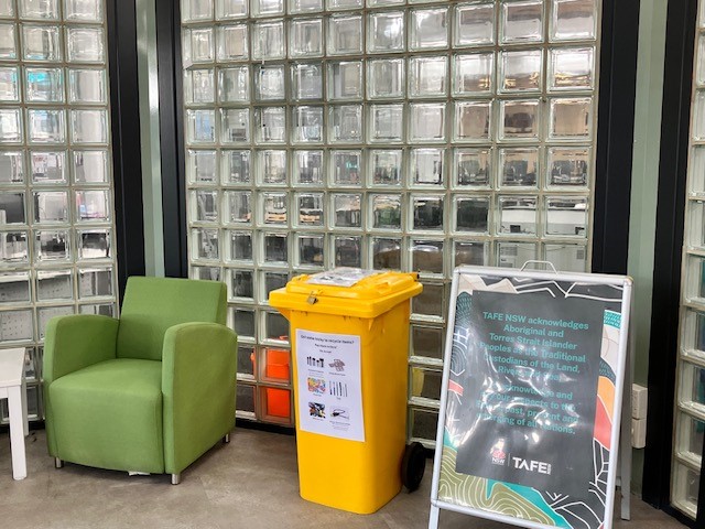 Photo of recycling bin at Miller TAFE library