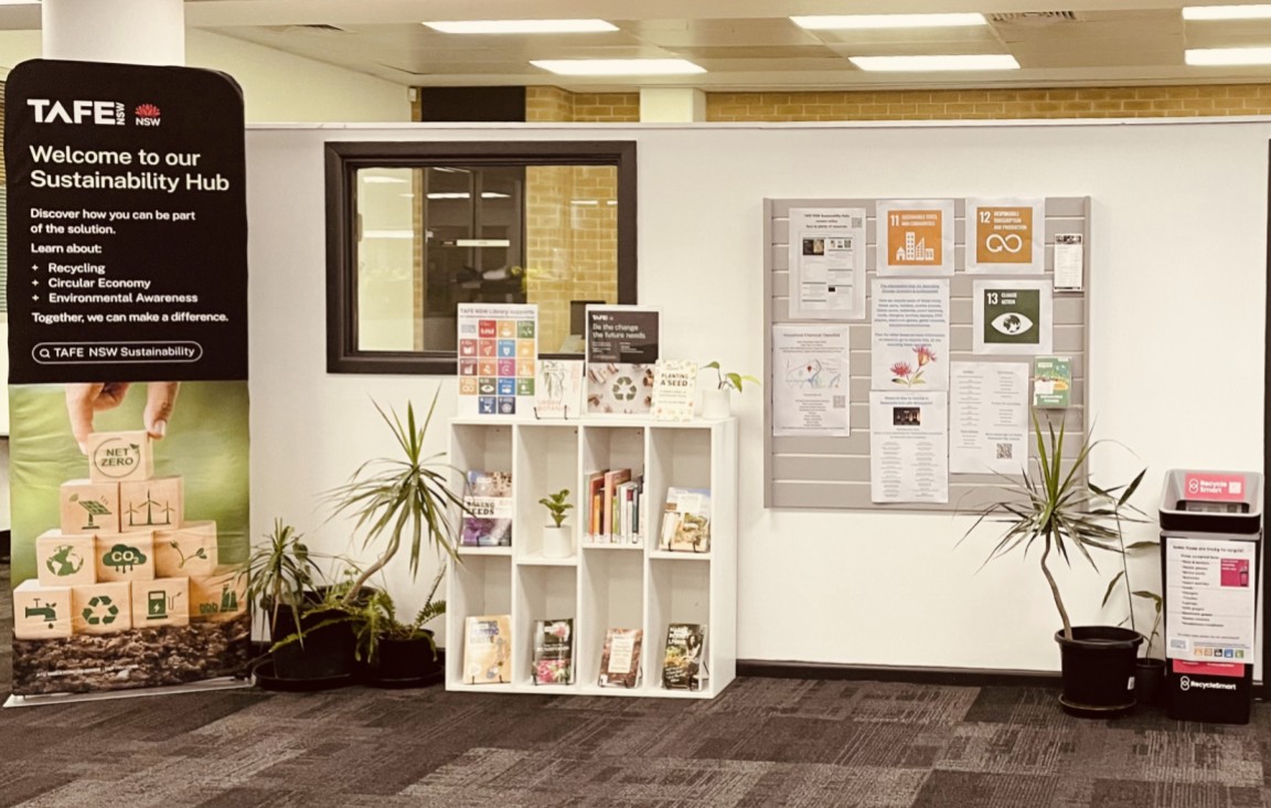 Sustainability Hub display at Newcastle TAFE Library