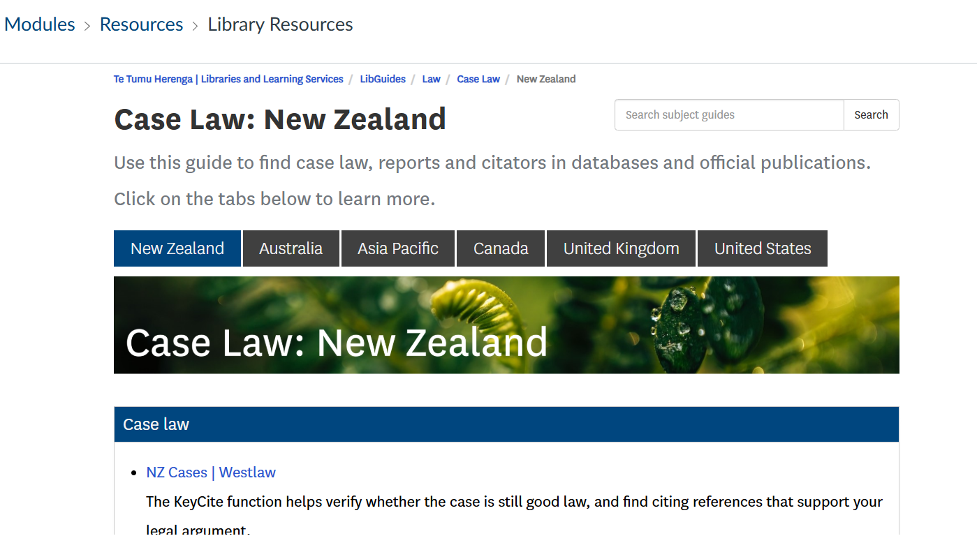 Screenshot of the NZ Case lase subject guide embedded into a Canvas page. 