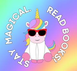 An animated unicorn in red sunglasses on a colorful background