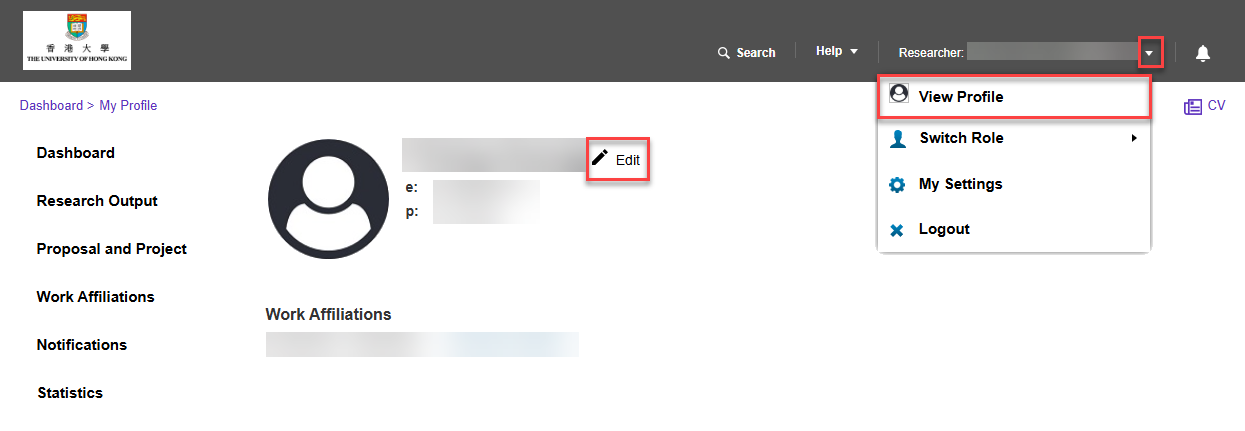 RIMS My profile page with the edit button