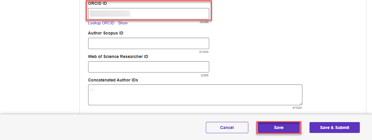 RIMS My profile page with the ORCID box to be filled in