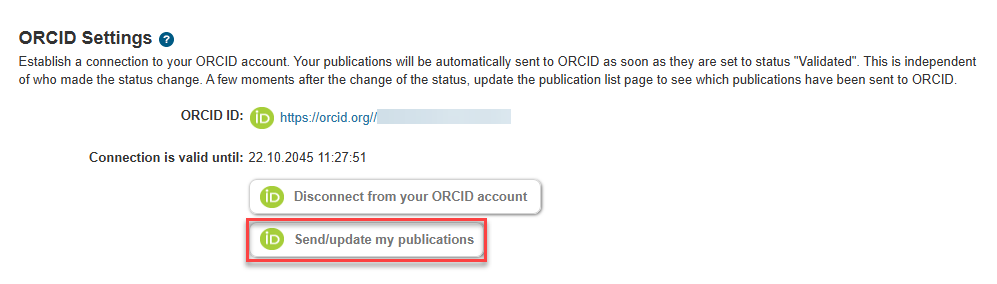 RIMS My setting page with the "Send/update my publications" button