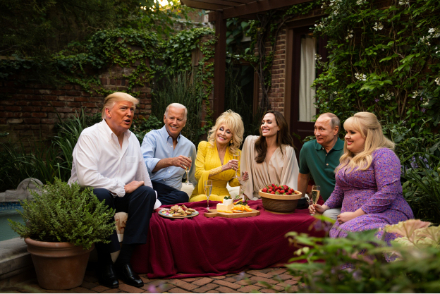 Donald Trump, Joe Biden, Dolly Parton, Angelina Jolie, Vladimir Putin and Rebel Wilson seated around a picnic table in a garden setting