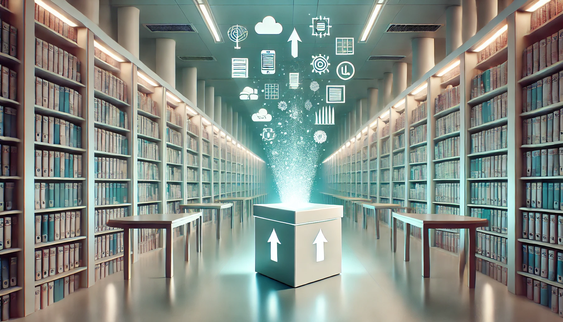 A futuristic library with shelves of books and binders. At the centre, a glowing white box with upward arrows emits digital icons like cloud storage, gears, graphs, and documents, suggesting data upload in a high-tech environment.