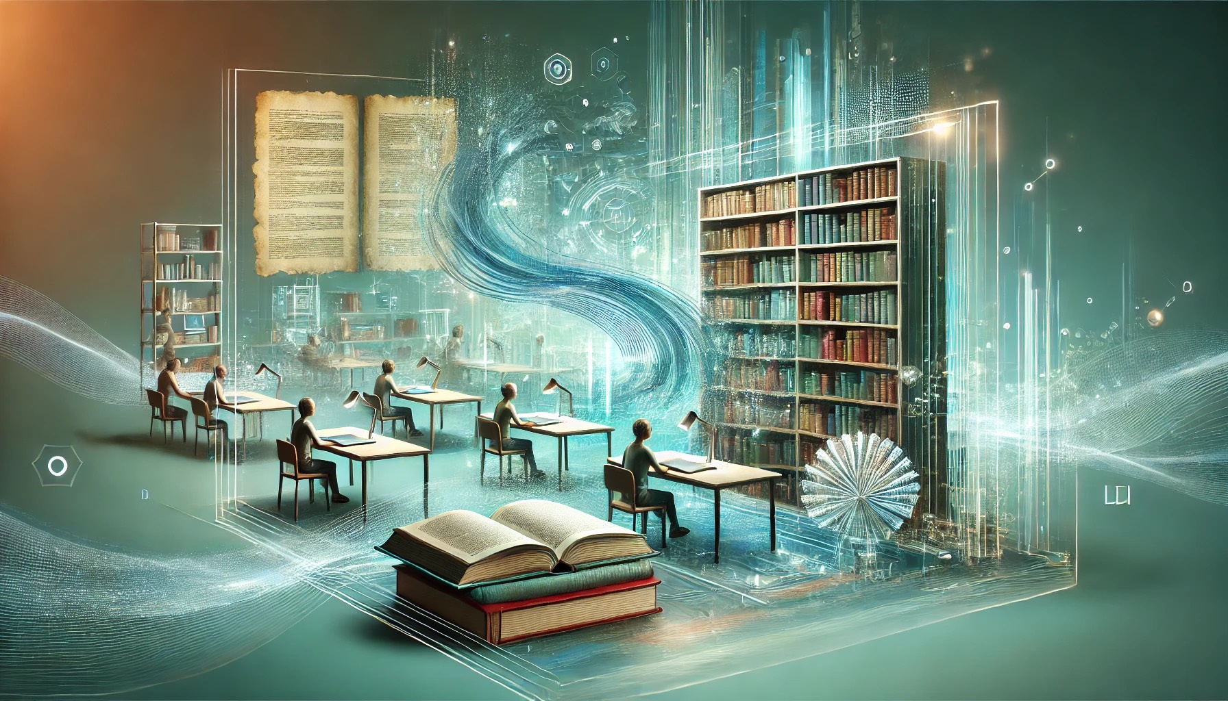 A futuristic library scene featuring open books, people reading at desks, and a large bookshelf. Above, a glowing book floats amid digital streams and holographic effects, blending traditional and modern elements in a tech-enhanced learning space.