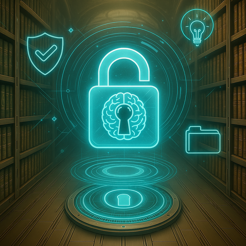 A futuristic library with bookshelves and a glowing padlock containing a brain, surrounded by neon icons symbolising secure knowledge.