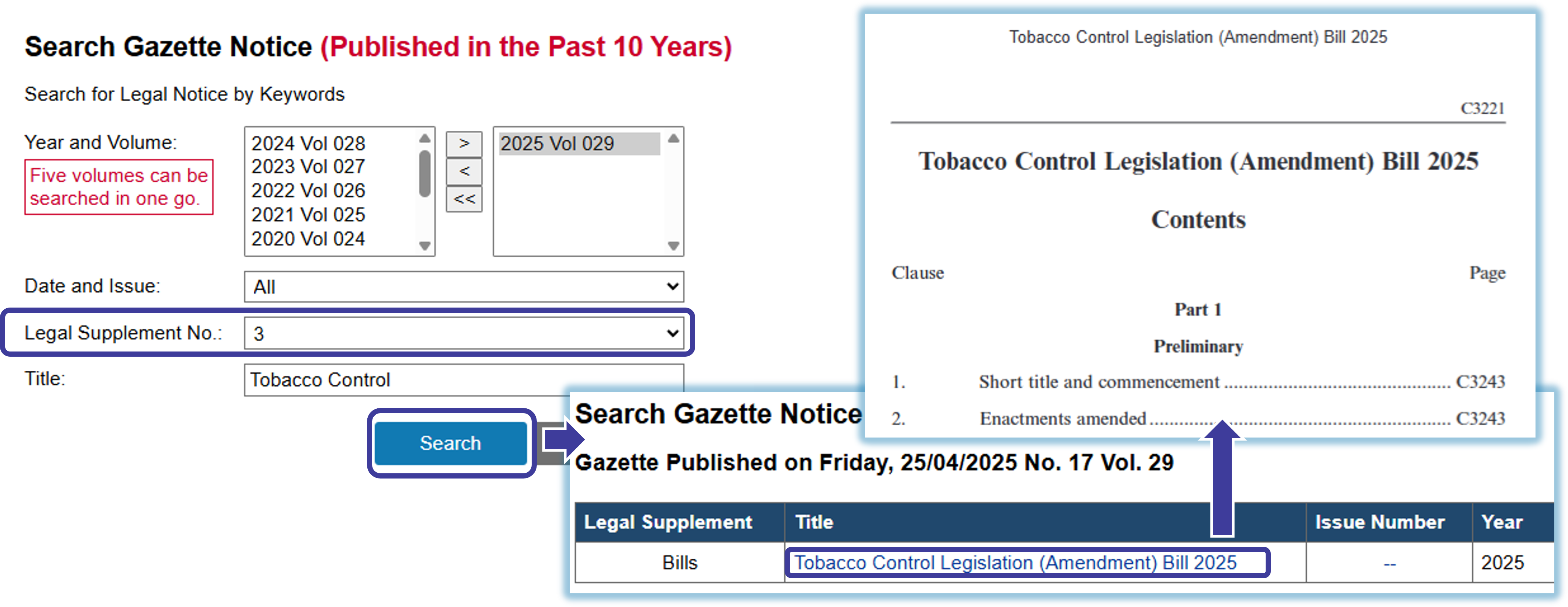 Steps to search bills from the government gazette