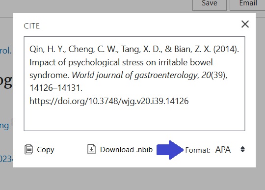 A screenshot of the opened citation tool on PubMed.