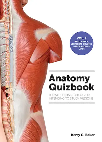 Cover of Anatomy Quizbook, Volume 2 (2021). The design features a clean, professional layout with bold text and an anatomical depiction of the human body appears prominently, along with the title. The style is academic and modern, intended for medical or health science students.