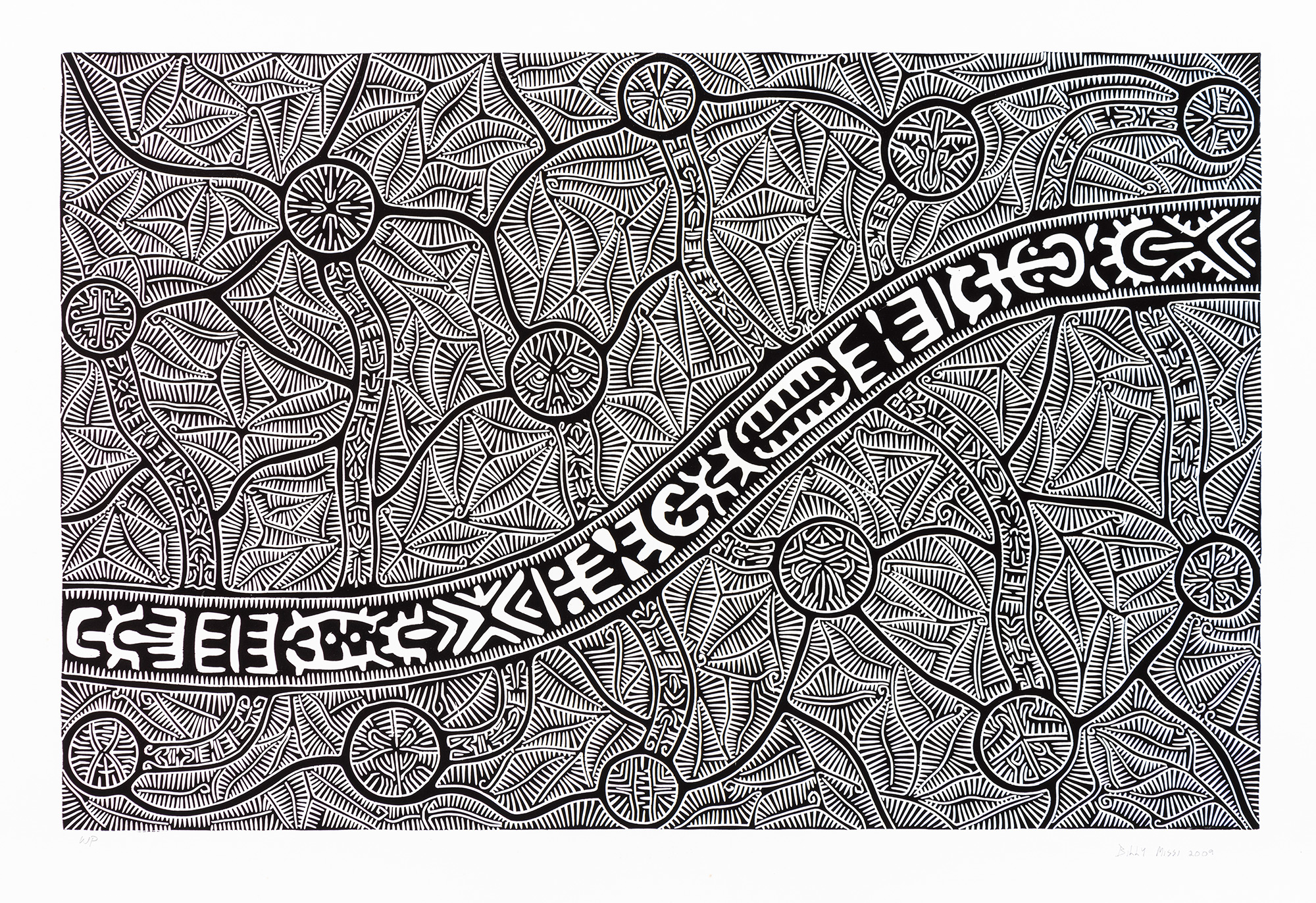 Billy Missi, Untitled. Constellation and Kinship, 2009, vinyl cut printed in black ink from one block.