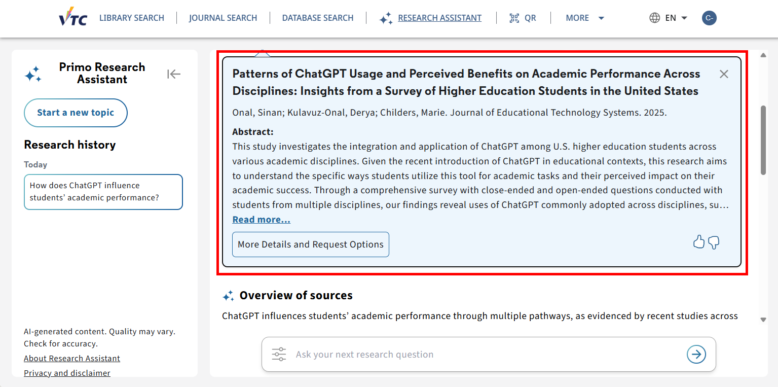Primo Research Assistant & How to Use It - AI in the VTC Library: Tools ...