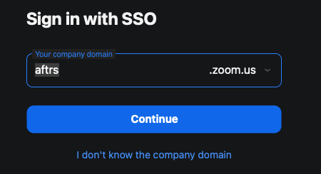 Image of Zoom login, specifically the company domain you need to populate to use SSO