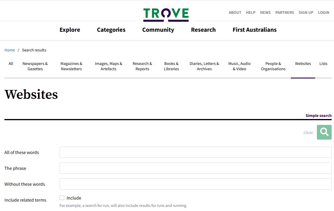 Trove Website Search Box and link to Trove website