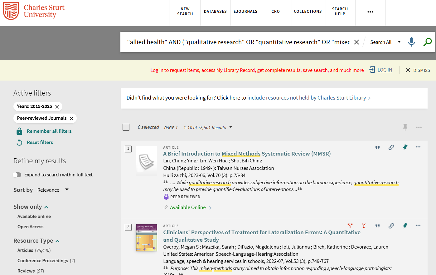 Search in Primo showing results refined to peer-revied journals and years 2015-2025