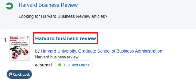 NUSearch+ results page for HBR