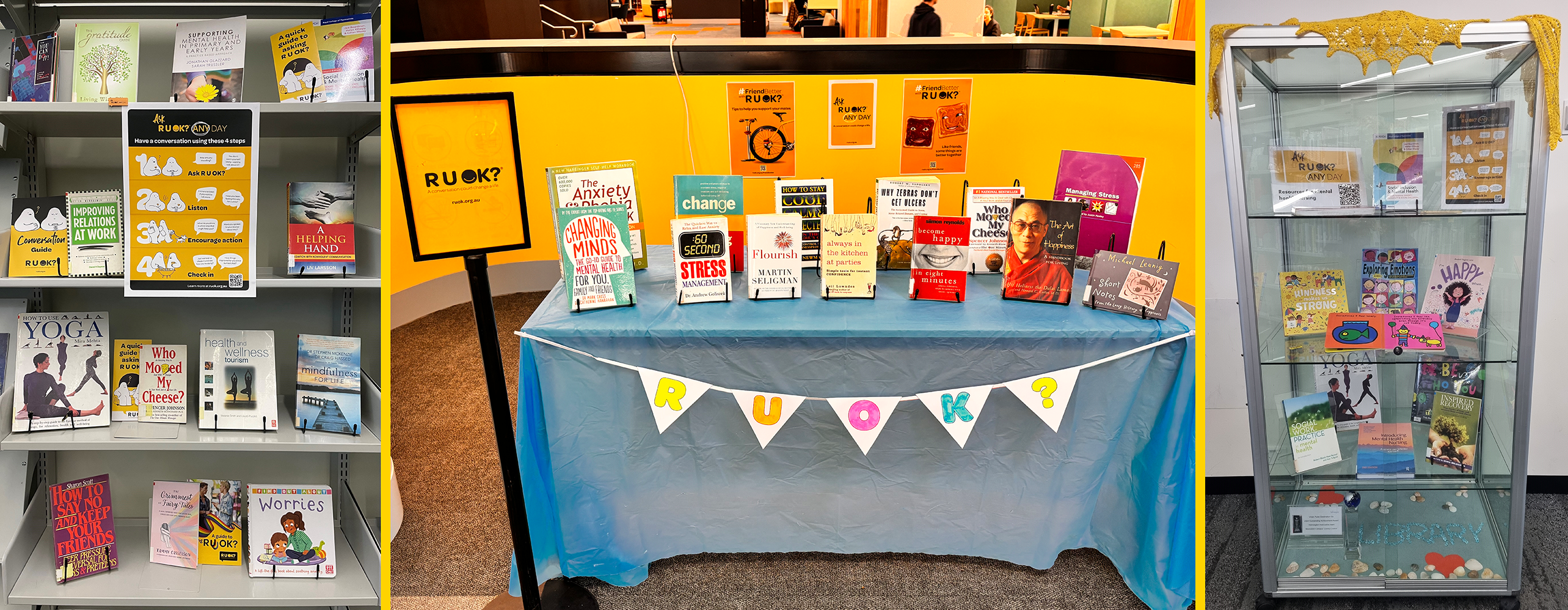 R U OK? Day resources on Glen Waverley shelves, Chadstone table and Moorabbin display case.