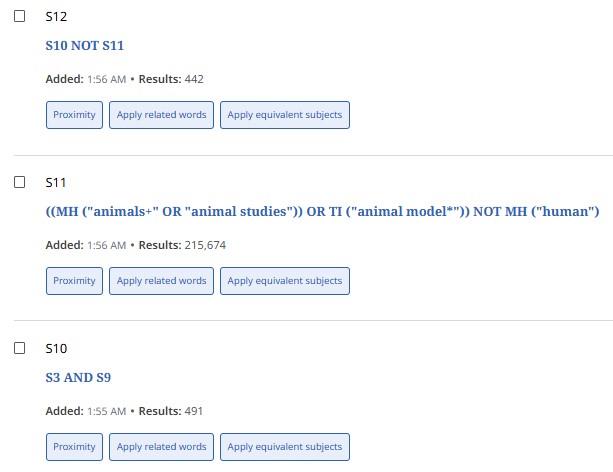 Excluding animal studies in CINAHL