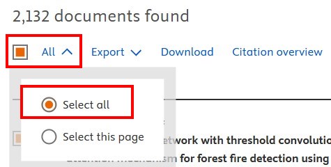 Scopus export example showing drop-down menu