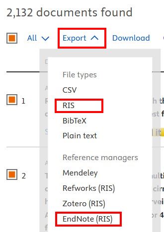Scopus export choosing RIS for EndNote