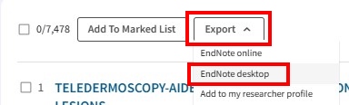 Web of Science export - menu selection